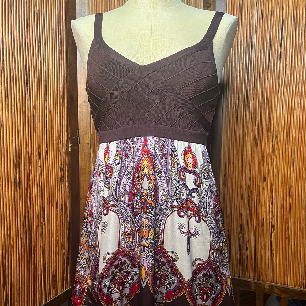 Bebe paisley dress, small, brown, silk